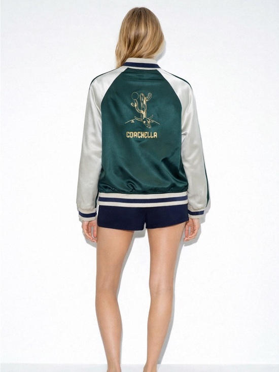Coachella Jackets & Blazers - Green Satin 'Coachella' Embroidered Bomber Jacket